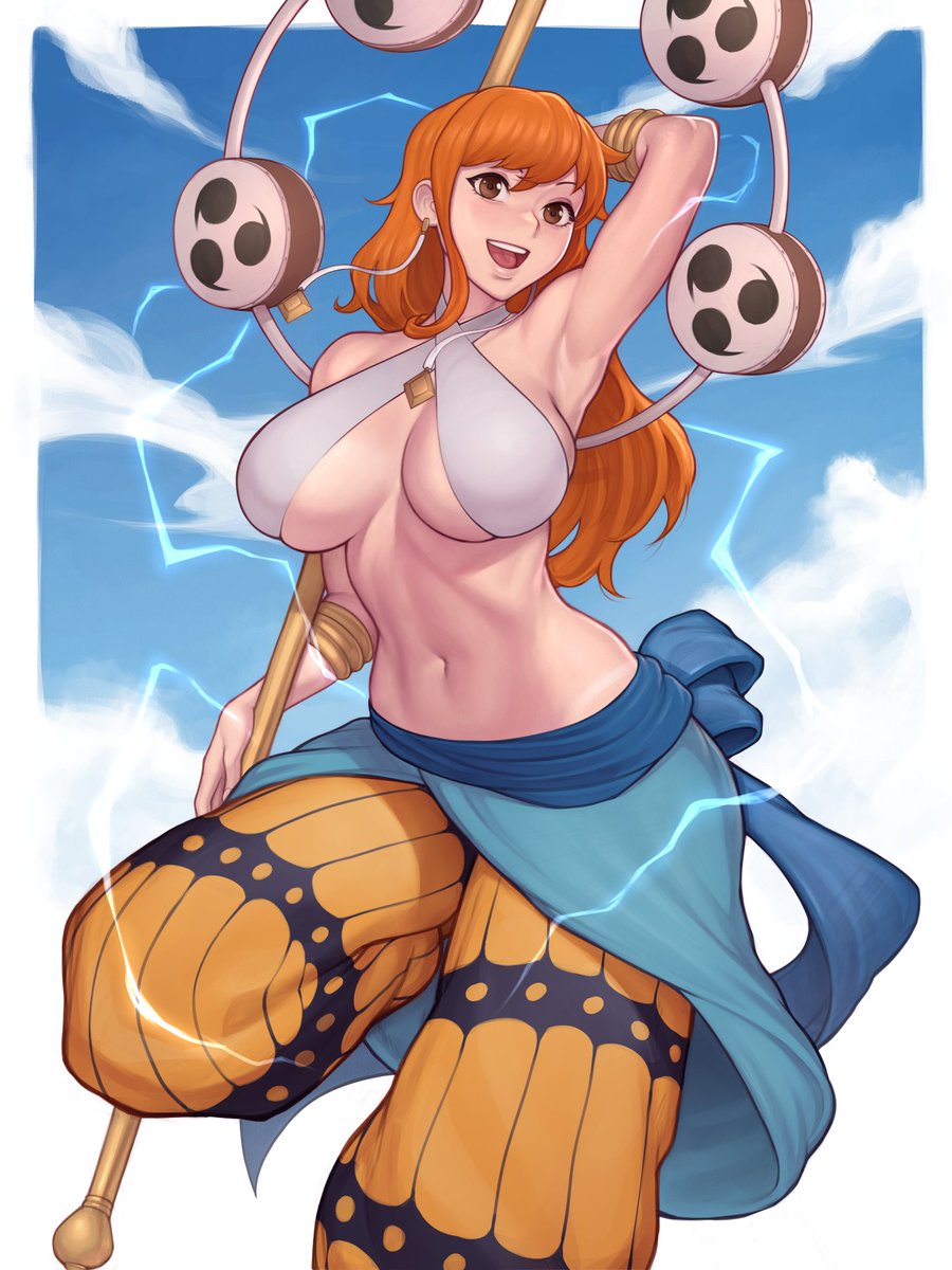 1girl armpits asura_(asurauser) belt blue_belt border breasts clouds cosplay earrings enel enel_(cosplay) highres holding holding_staff jewelry large_breasts lightning long_hair mitsudomoe_(shape) nami_(one_piece) navel one_piece open_mouth orange_hair pants sky smile solo staff standing standing_on_one_leg tomoe_(symbol) white_border