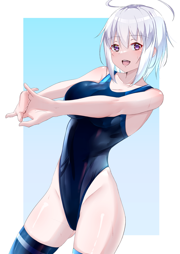 1girl ahoge blue_legwear blue_swimsuit breasts commentary_request contrapposto cowboy_shot highleg highleg_swimsuit kawaruhi large_breasts looking_at_viewer open_mouth original short_hair smile solo standing stretch swimsuit thigh-highs violet_eyes white_hair