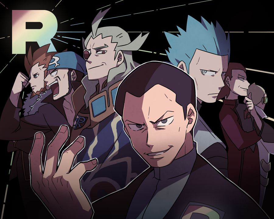 6+boys archie_(pokemon) beard black_hair blonde_hair blue_bandana blue_hair closed_mouth coat commentary cyrus_(pokemon) eyepiece faba_(pokemon) facial_hair ghetsis_harmonia giovanni_(pokemon) green_hair grey_eyes hand_up jacket logo lysandre_(pokemon) maxie_(pokemon) multiple_boys open_mouth orange_hair pokemon pokemon_(game) pokemon_bw pokemon_dppt pokemon_rse pokemon_sm pokemon_usum pokemon_xy redhead short_hair smile spiky_hair ssalbulre team_rainbow_rocket teeth tongue