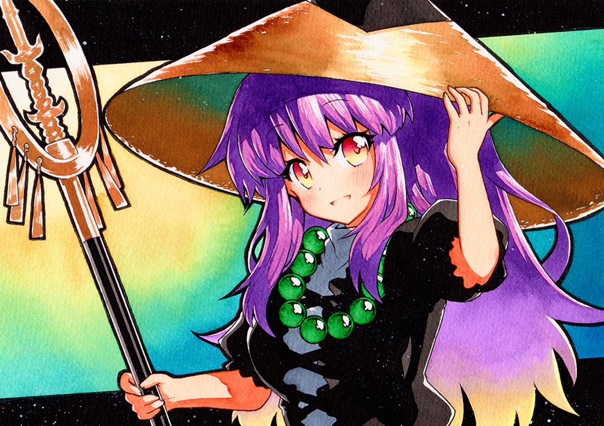 1girl beads gradient_hair hat hijiri_byakuren jewelry long_hair multicolored_hair necklace prayer_beads purple_hair qqqrinkappp solo staff touhou traditional_media two-tone_hair