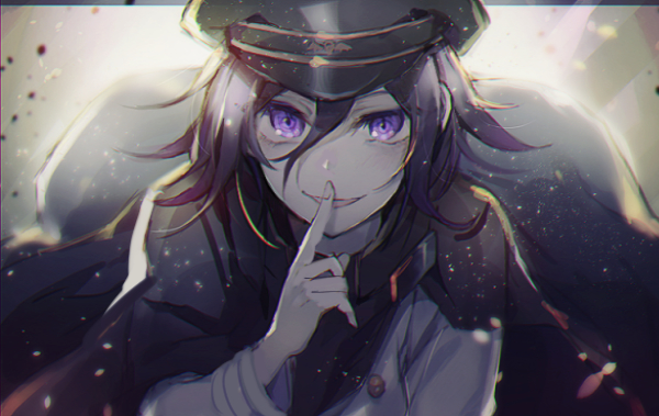 1boy bangs black_cape black_hair black_headwear brown_background buttons cape checkered commentary_request dangan_ronpa_(series) dangan_ronpa_v3:_killing_harmony finger_to_mouth grey_jacket hair_between_eyes hand_up hat index_finger_raised jacket light long_sleeves looking_at_viewer male_focus onko open_mouth ouma_kokichi peaked_cap short_hair smile solo violet_eyes