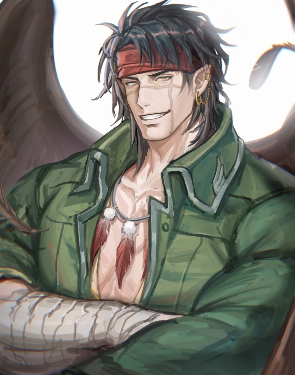 1boy bandages black_hair brown_hair crossed_arms feather_necklace feathered_wings fire_emblem green_jacket headband highres ina_zuma jacket looking_at_viewer male_cleavage male_focus muscular muscular_male pectorals pointy_ears scar scar_on_cheek scar_on_face short_hair sideburns smile solo tibarn_(fire_emblem) upper_body wings yellow_eyes