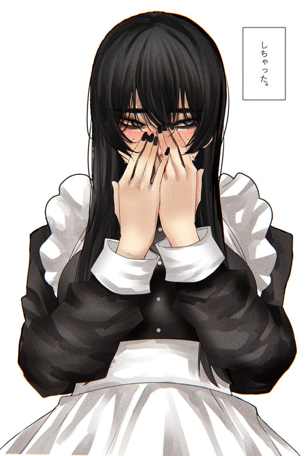 1girl apron black_dress black_hair black_nails blush covered_mouth covering_mouth dress embarrassed fingernails full-face_blush grey_eyes hands_over_mouth highres hoshi_san_3 kiss_day long_sleeves looking_away maid maid_apron nail_polish original simple_background solo sweat sweating_profusely translation_request upper_body white_apron white_background