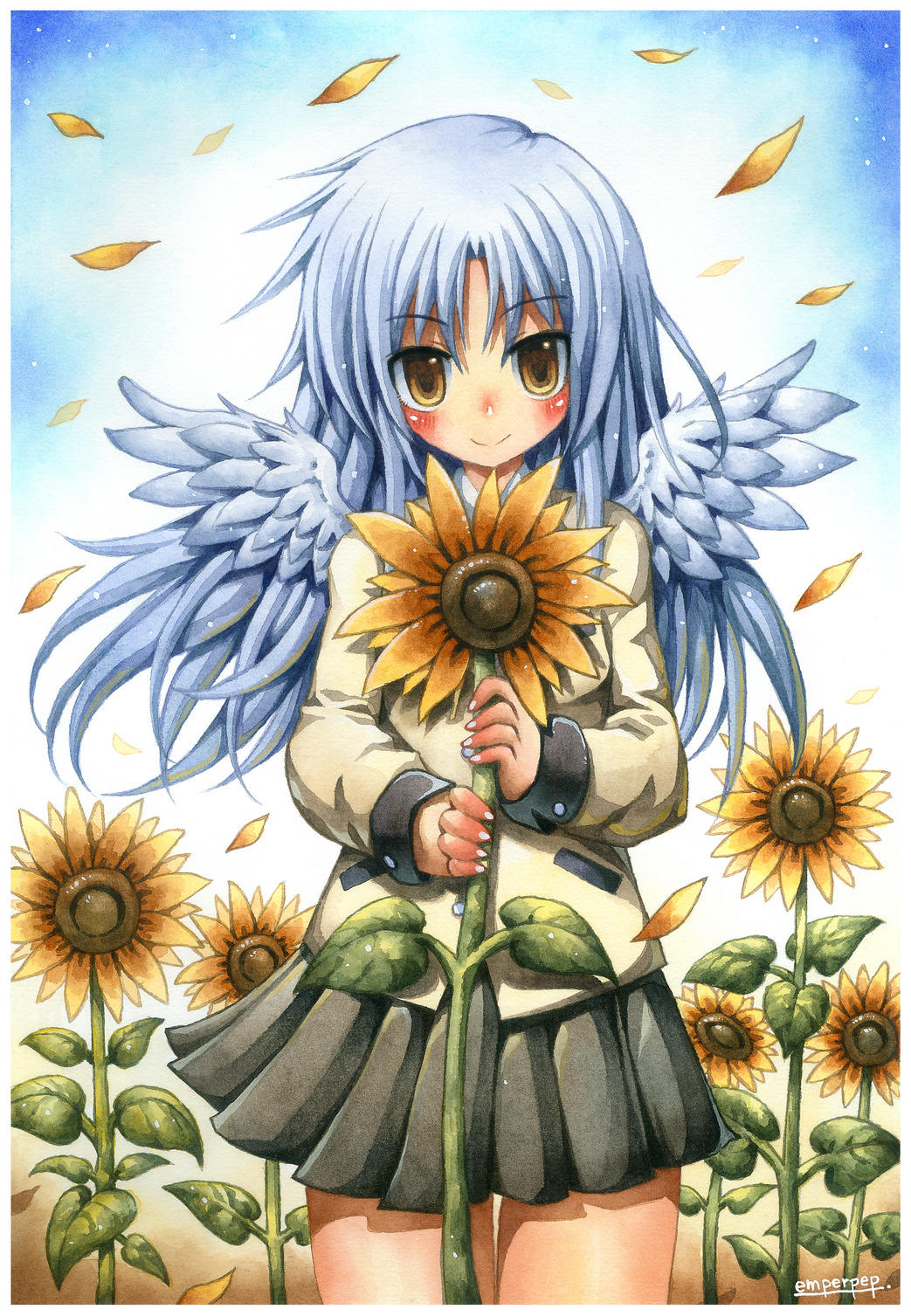 1girl angel_beats! angel_wings blush commission emperpep flower highres holding holding_plant light_blue_hair long_hair long_sleeves looking_at_viewer petals plant pleated_skirt school_uniform skirt smile solo standing sunflower tachibana_kanade traditional_media watercolor_(medium) wings yellow_eyes