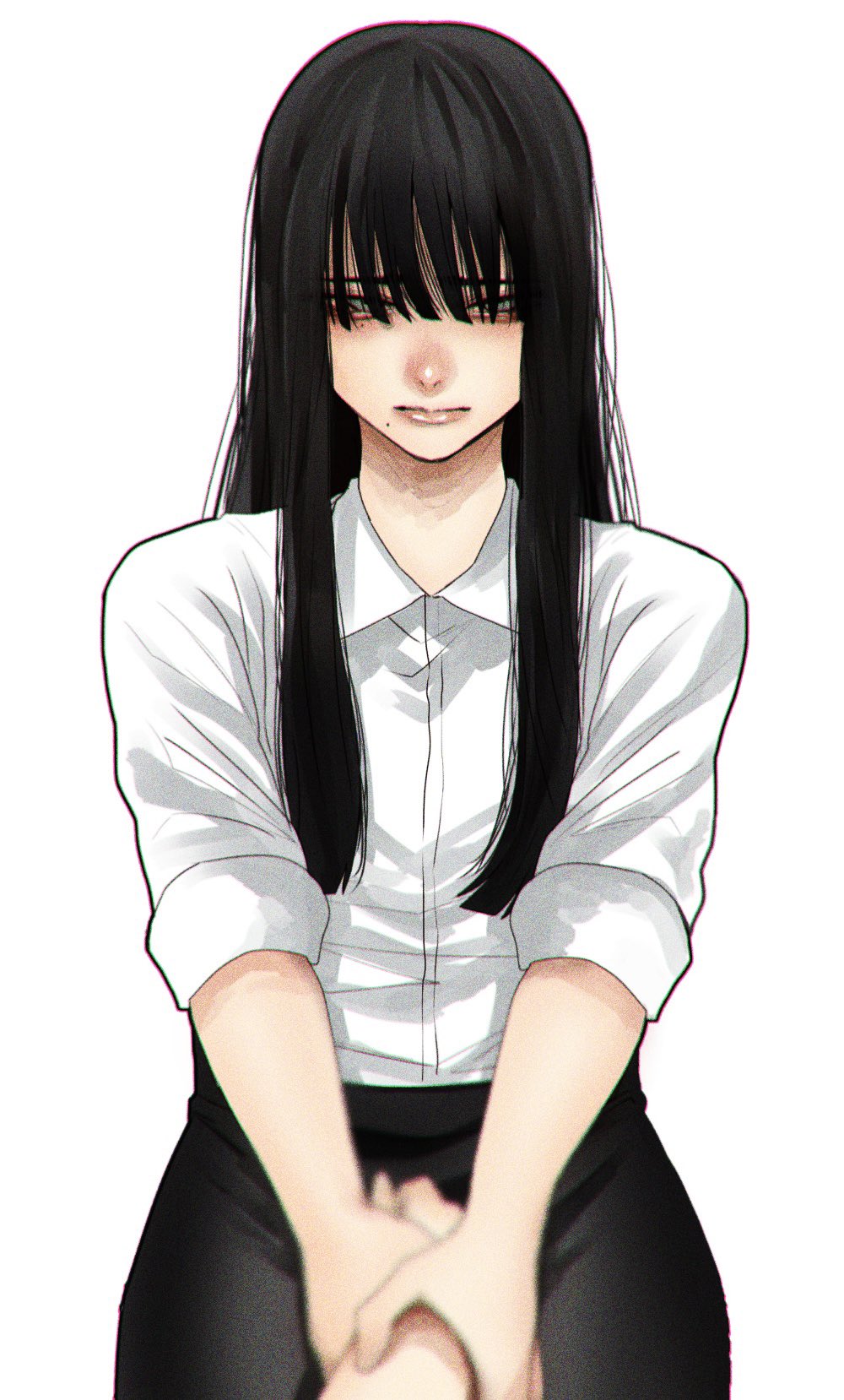 1girl bags_under_eyes black_hair black_skirt closed_mouth collared_shirt film_grain green_eyes hair_over_eyes highres hoshi_san_3 jimiko long_sleeves looking_at_viewer mole mole_under_mouth office_lady original pencil_skirt pov pov_hands shirt simple_background skirt solo_focus white_background wing_collar