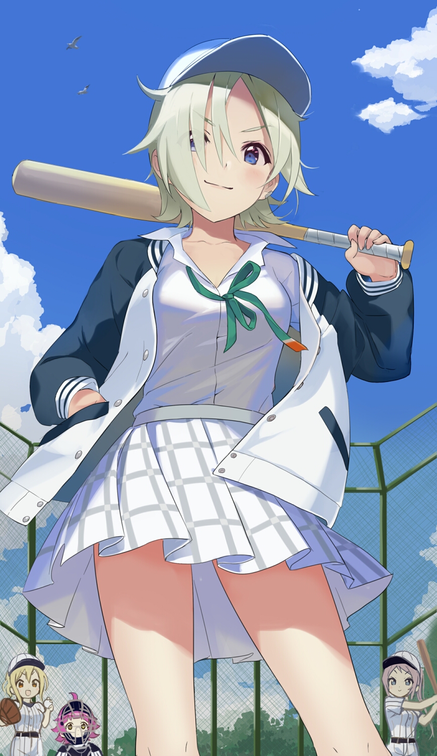 4girls baseball_bat baseball_uniform blue_sky clouds cloudy_sky collared_shirt dress_shirt from_below green_neckwear highres long_sleeves love_live! love_live!_nijigasaki_high_school_idol_club love_live!_school_idol_festival_all_stars mia_taylor miyashita_ai multiple_girls neck_ribbon nijigasaki_academy_uniform plaid plaid_skirt pleated_skirt rassie_s ribbon shirt skirt sky solo_focus sportswear summer_uniform tennouji_rina white_shirt white_skirt zhong_lanzhu