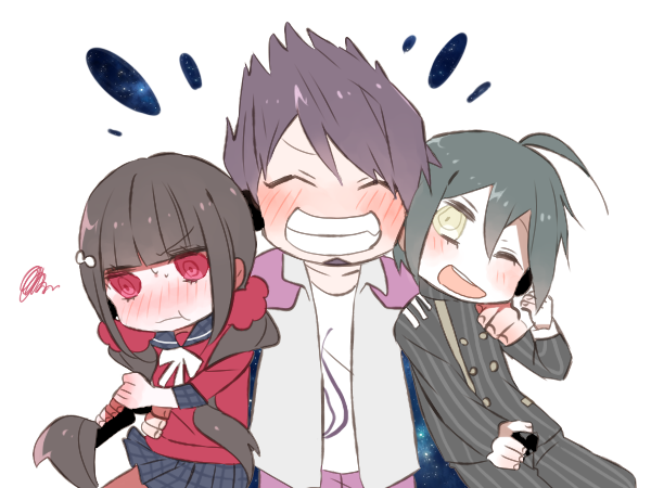 1girl 2boys ahoge bangs black_jacket black_skirt blunt_bangs blush brown_eyse brown_hair chibi closed_eyes commentary_request dangan_ronpa_(series) dangan_ronpa_v3:_killing_harmony eyebrows_visible_through_hair facial_hair fang goatee grey_shirt grin hair_ornament hair_scrunchie hair_up hairclip harukawa_maki hug jacket jian_jing long_hair long_sleeves looking_at_viewer low_twintails mole mole_under_eye momota_kaito multiple_boys open_clothes open_shirt pants pink_jacket pink_pants plaid plaid_skirt pleated_skirt pout print_shirt red_eyes red_legwear red_scrunchie red_shirt saihara_shuuichi school_uniform scrunchie serafuku shirt short_hair simple_background skirt smile squiggle striped striped_jacket striped_pants sweat twintails white_background