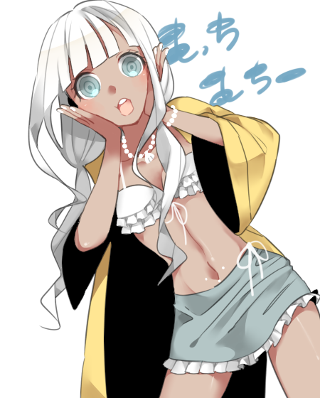 1girl bangs bikini bikini_skirt blunt_bangs commentary_request contrapposto dangan_ronpa_(series) dangan_ronpa_v3:_killing_harmony dark-skinned_female dark_skin frilled_bikini frills front-tie_bikini front-tie_top ganguro grey_eyes hands_on_own_cheeks hands_on_own_face hands_up jacket jewelry jian_jing long_hair looking_at_viewer low_twintails navel open_mouth pointy_ears shell_necklace silver_hair simple_background skirt smile solo stomach swimsuit twintails upper_teeth white_background white_bikini white_nails wide_sleeves yonaga_angie
