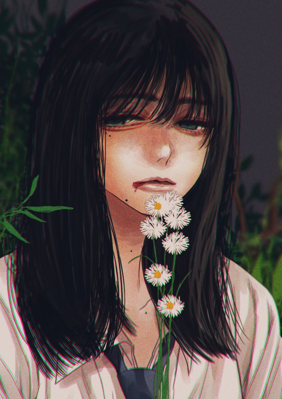 1girl black_hair blood blood_from_mouth blue_neckwear closed_mouth flower grey_eyes highres holding holding_flower hoshi_san_3 long_hair looking_at_viewer mole mole_under_eye mole_under_mouth necktie original shirt solo white_flower white_shirt