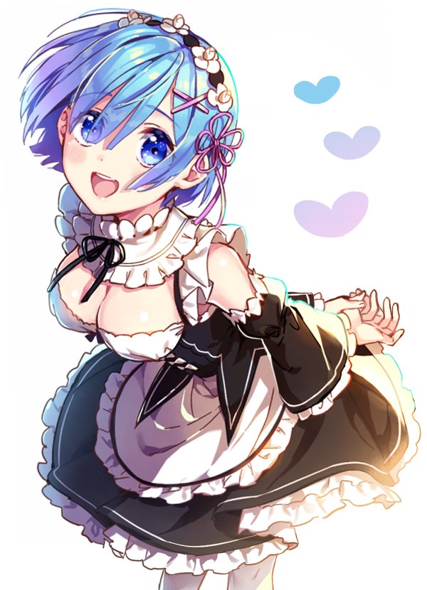 1girl apron arm_behind_back bangs blue_eyes blue_hair breasts eyebrows_behind_hair eyebrows_visible_through_hair eyes_visible_through_hair flower hair_flower hair_ornament hair_over_one_eye hair_ribbon kuroki_(ma-na-tu) looking_at_viewer maid maid_apron maid_headdress open_mouth re:zero_kara_hajimeru_isekai_seikatsu rem_(re:zero) ribbon short_hair simple_background smile solo white_background