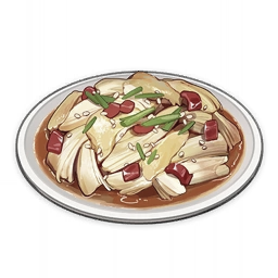 artist_request beans chicken_(food) chili_pepper commentary english_commentary food food_focus genshin_impact lowres muted_color no_humans official_art plate sesame_seeds still_life third-party_source transparent_background