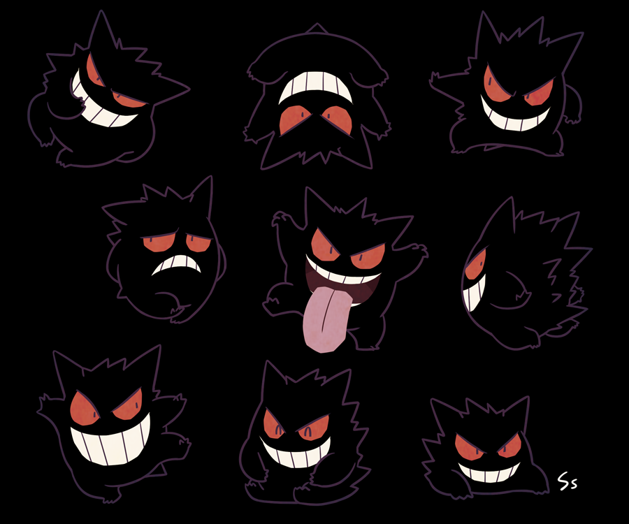 :d commentary frown gen_1_pokemon gengar hand_up looking_at_viewer multiple_views no_humans open_mouth pokemon pokemon_(creature) smile ssalbulre teeth tongue tongue_out upside-down