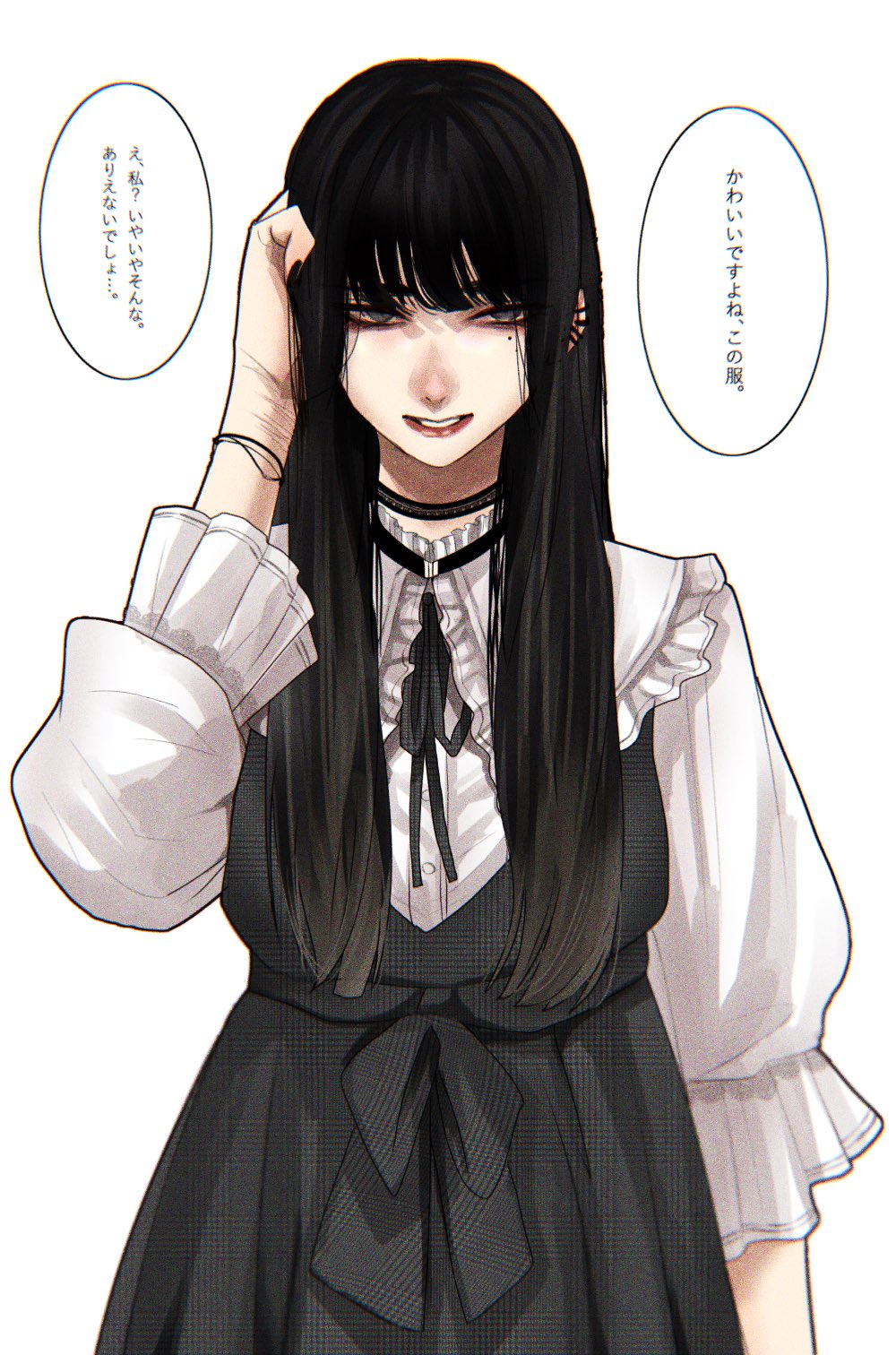 1girl black_choker black_hair black_nails blouse bracelet choker cuts ear_piercing earrings fingernails grey_eyes grey_jacket grey_neckwear grey_ribbon hand_up highres hoshi_san_3 injury jacket jewelry lipstick long_hair long_sleeves looking_at_viewer makeup mole mole_under_eye nail_polish neck_ribbon piercing red_lips ribbon simple_background smile solo translation_request unmoving_pattern white_background white_blouse