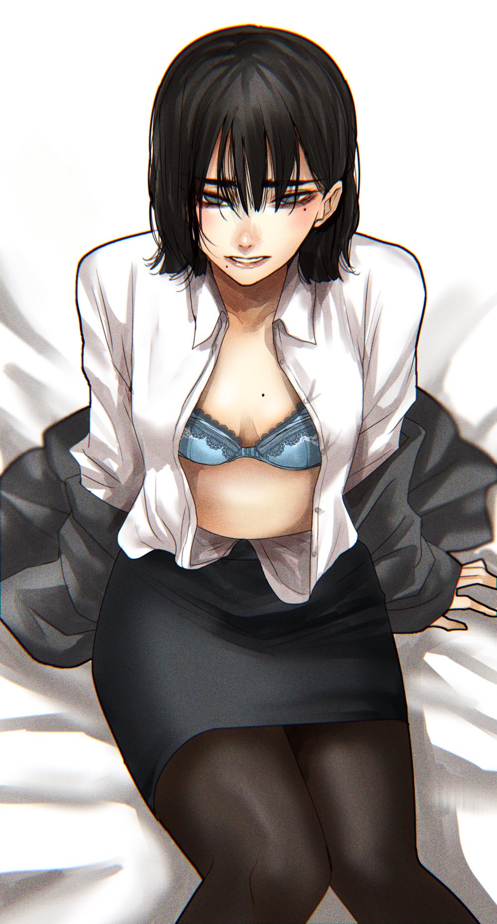 1girl black_hair black_skirt blue_bra bra breasts brown_legwear closed_mouth collared_shirt frilled_bra frills from_above grey_eyes grey_jacket highres hoshi_san_3 jacket knees_together_feet_apart long_sleeves looking_at_viewer medium_breasts medium_hair miniskirt mole mole_on_breast mole_under_eye mole_under_mouth office_lady open_clothes open_shirt original pantyhose parted_lips pencil_skirt shirt simple_background sitting skirt smile solo underwear white_background white_shirt wing_collar