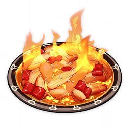 artist_request chicken_(food) chili_pepper commentary english_commentary fire food food_focus genshin_impact lowres no_humans official_art plate rockin'_riffin'_chicken!_(genshin_impact) sesame_seeds still_life third-party_source transparent_background