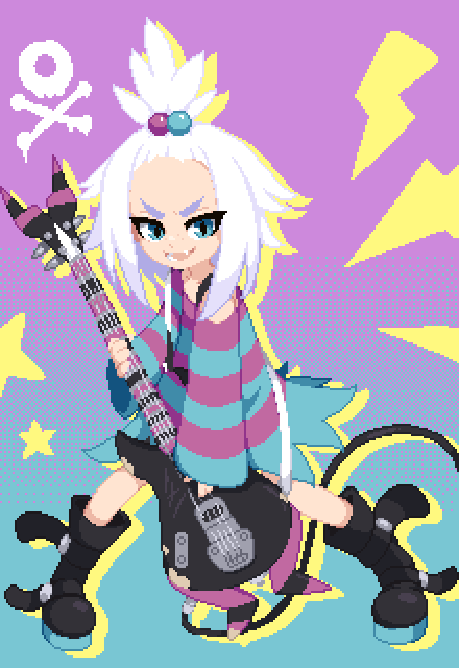 1girl bass_guitar black_footwear blue_eyes boots commentary dress english_commentary full_body gym_leader hair_bobbles hair_ornament holding holding_instrument instrument legs_apart minimilieu open_mouth pixel_art platform_boots pokemon pokemon_(game) pokemon_bw2 roxie_(pokemon) smile solo spiky_hair standing striped striped_dress teeth tongue topknot two-tone_dress white_hair