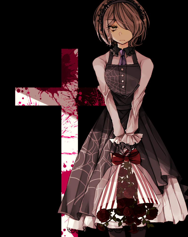 1girl bangs black_background black_dress black_gloves black_legwear blonde_hair blood blood_splatter blue_neckwear bow commentary_request dangan_ronpa_(series) dangan_ronpa_v3:_killing_harmony dress eyebrows_visible_through_hair feet_out_of_frame flower gloves gomabu_(rirurutennsi) green_eyes hair_over_one_eye holding lace-trimmed_dress lace_trim long_sleeves looking_at_viewer maid_headdress necktie pantyhose red_bow red_flower shirt short_hair simple_background solo spider_web_print standing toujou_kirumi v_arms white_shirt