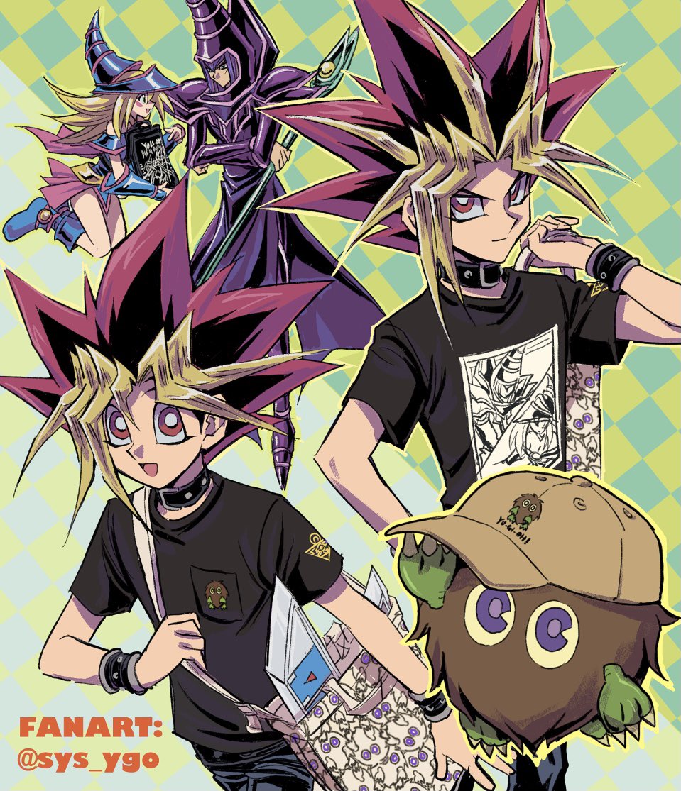 1girl 3boys bag baseball_cap black_hair blonde_hair blue_footwear blush_stickers boots bright_pupils brown_headwear character_print closed_mouth collar commentary_request dark_magician dark_magician_girl duel_monster hand_up hat holding holding_staff kuriboh multicolored_hair multiple_boys mutou_yuugi open_mouth pants purple_hair shirt short_sleeves shoulder_bag smile soya_(sys_ygo) spiky_hair staff t-shirt tongue twitter_username violet_eyes white_pupils wristband yami_yuugi yu-gi-oh! yu-gi-oh!_duel_monsters