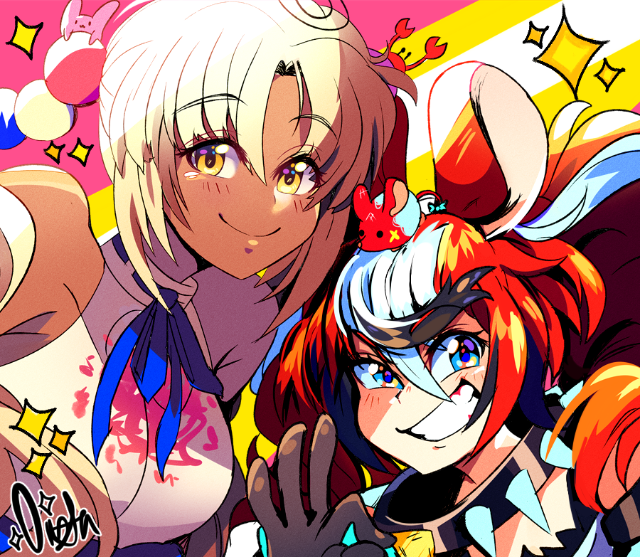 2girls animal_ears artist_name bangs bare_shoulders black_hair blonde_hair blue_eyes breasts collar collarbone commentary dark-skinned_female dark_skin eyebrows_visible_through_hair grin hakos_baelz hololive hololive_english large_breasts looking_at_viewer mouse_ears multicolored_hair multiple_girls ok_sign onsta redhead smile spiked_collar spikes tsukumo_sana virtual_youtuber yellow_eyes