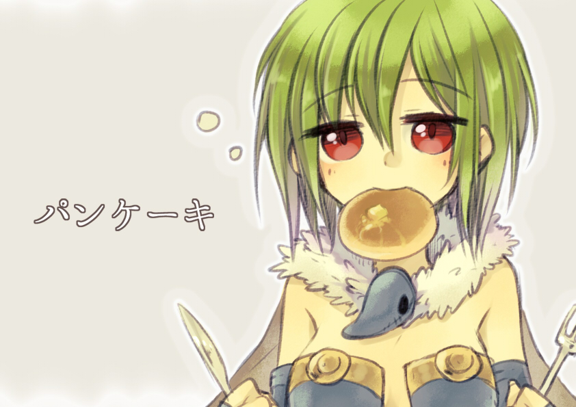 1girl alchemist_(ragnarok_online) ark_kan bangs blue_dress blue_gloves blush brown_cape cape commentary_request dress elbow_gloves eyebrows_visible_through_hair fingerless_gloves food food_in_mouth fork fur_collar gloves green_hair grey_background hair_between_eyes holding holding_fork holding_knife knife looking_at_viewer pancake ragnarok_online red_eyes short_hair simple_background solo strapless strapless_dress translated upper_body