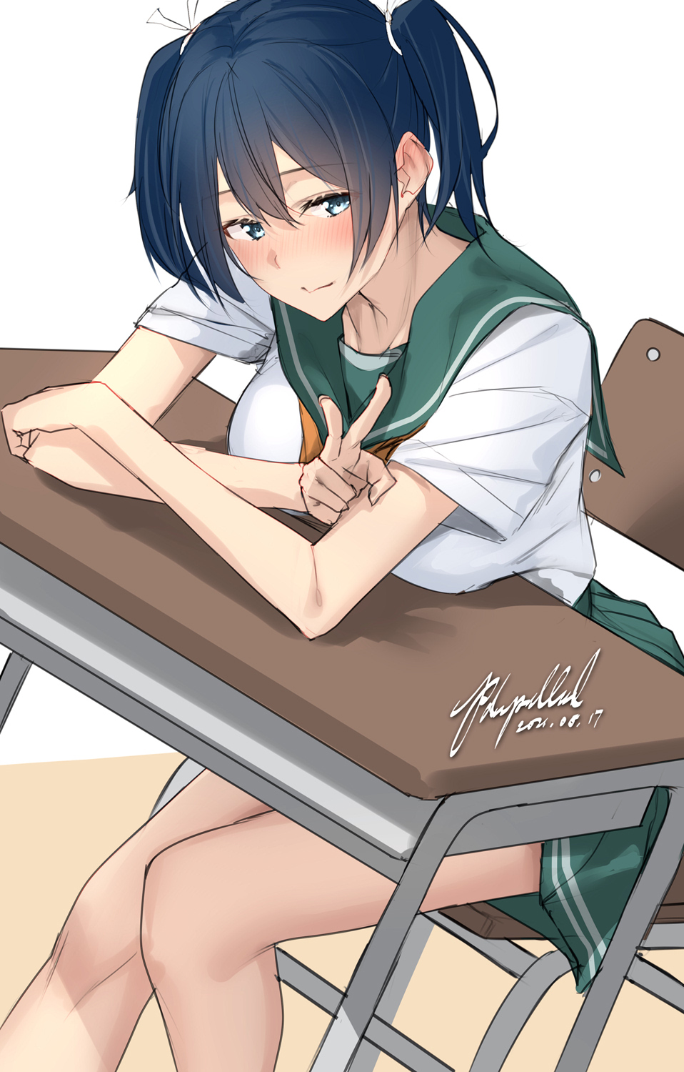 1girl alternate_costume blue_eyes blue_hair blush breasts collarbone desk green_skirt highres kantai_collection large_breasts looking_at_viewer medium_hair one-hour_drawing_challenge pallad pleated_skirt sailor_collar school_desk school_uniform shirt simple_background sitting skirt solo souryuu_(kancolle) twintails v white_background white_shirt