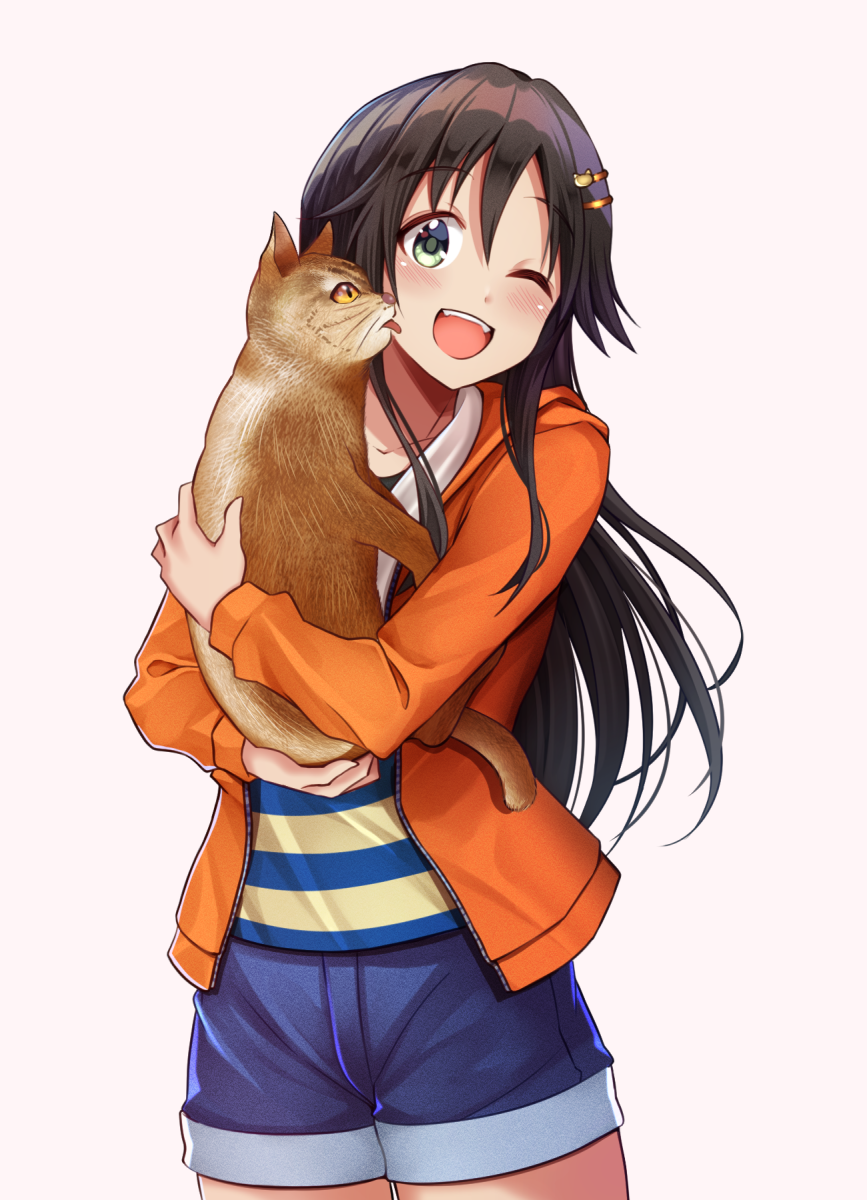 1girl ;d animal black_hair blush cat collarbone cowboy_shot denim denim_skirt fangs hair_ornament hairclip highres himekawa_yuki holding holding_animal hug idolmaster idolmaster_cinderella_girls jacket licking licking_cheek licking_face long_hair looking_at_viewer one_eye_closed open_mouth orange_jacket simple_background skirt smile white_background z.nov