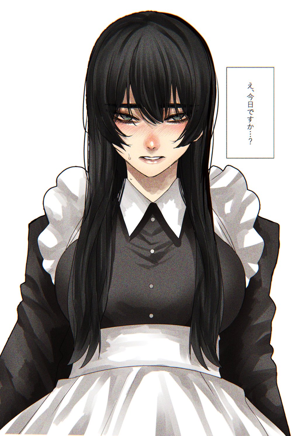 1girl apron black_dress black_hair blush breasts dress grey_eyes highres hoshi_san_3 kiss_day large_breasts long_sleeves looking_at_viewer maid maid_apron nose_blush original parted_lips simple_background solo sweat translation_request upper_body white_apron white_background