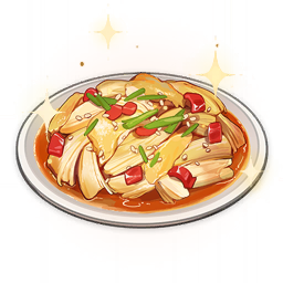 artist_request beans chicken_(food) chili_pepper commentary english_commentary food food_focus genshin_impact lowres no_humans official_art plate sesame_seeds sparkle still_life third-party_source transparent_background