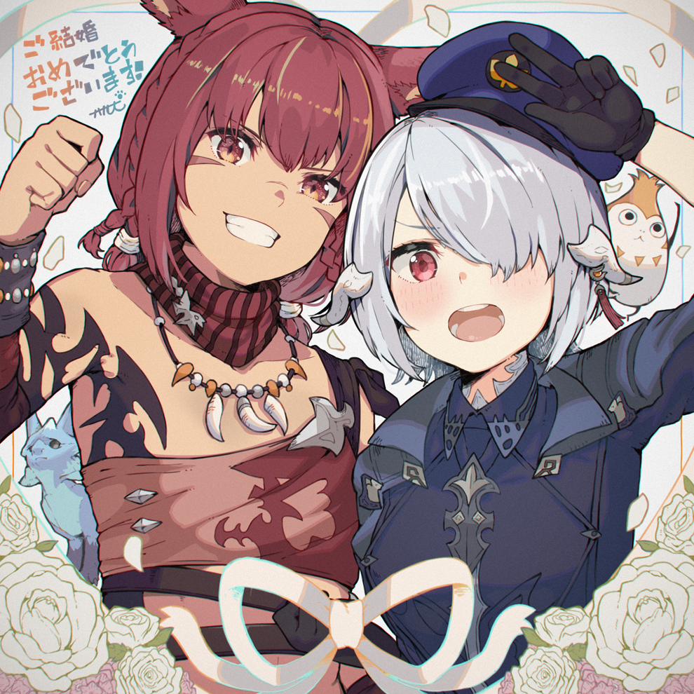 animal_ears arm_up bangs black_gloves blue_headwear blue_jacket blush braid brown_eyes brown_hair cat_ears character_request clenched_hand collarbone commentary_request eyebrows_visible_through_hair final_fantasy final_fantasy_xiv flower gloves grin hair_over_one_eye haruken hat jacket miqo'te open_mouth peaked_cap red_eyes rose silver_hair smile tooth_necklace translation_request upper_body upper_teeth w white_flower white_rose