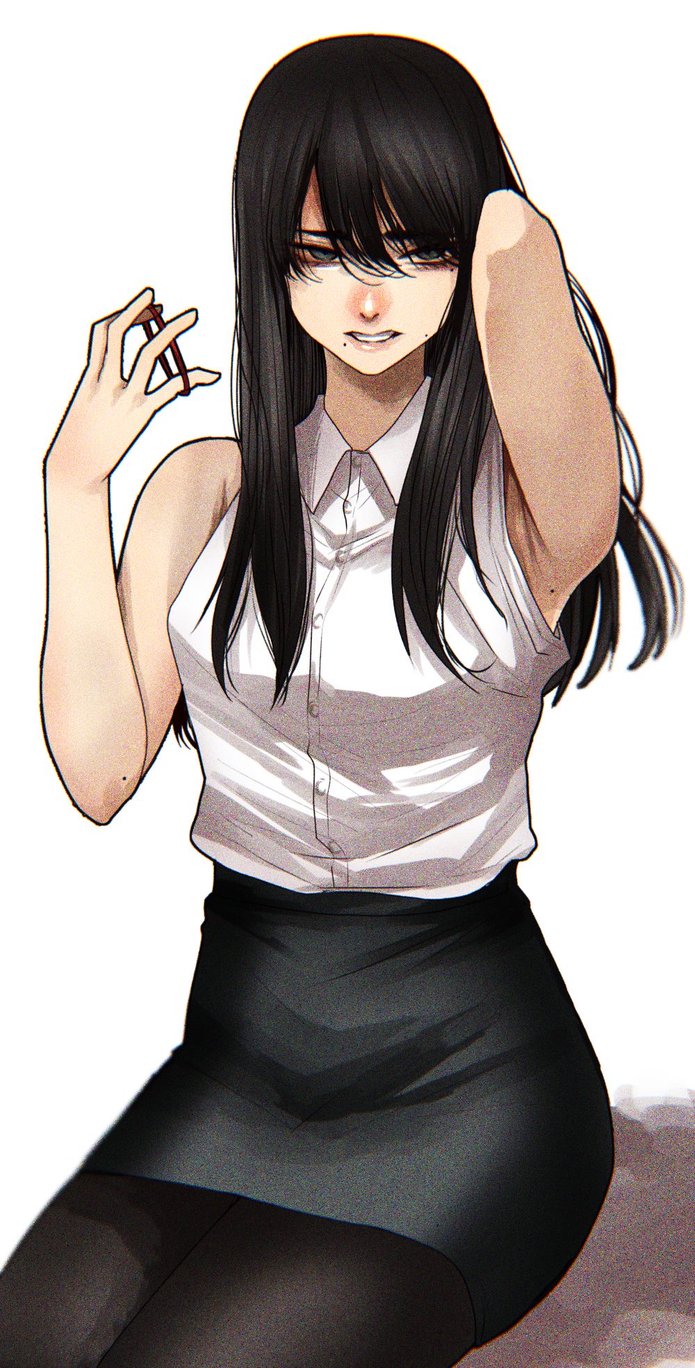 1girl arm_behind_head armpits black_hair black_skirt brown_legwear closed_mouth collared_shirt eyeshadow grey_eyes hair_tie hand_up highres hoshi_san_3 long_sleeves looking_at_viewer makeup miniskirt mole mole_on_armpit mole_under_mouth office_lady original pantyhose parted_lips pencil_skirt shirt simple_background sitting skirt solo tying_hair white_background wing_collar