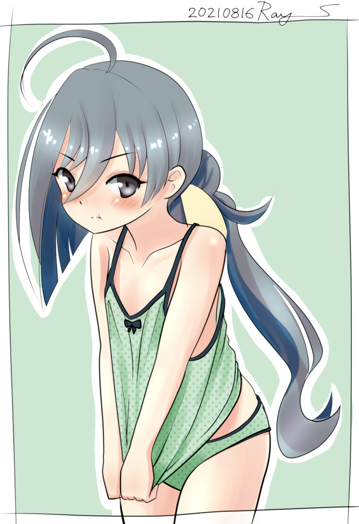 1girl :t ahoge border camisole camisole_pull cowboy_shot dated green_background green_camisole green_panties grey_eyes grey_hair hair_between_eyes hair_bun kantai_collection kiyoshimo_(kancolle) looking_at_viewer low_twintails one-hour_drawing_challenge panties pout ray.s signature solo twintails underwear underwear_only white_border