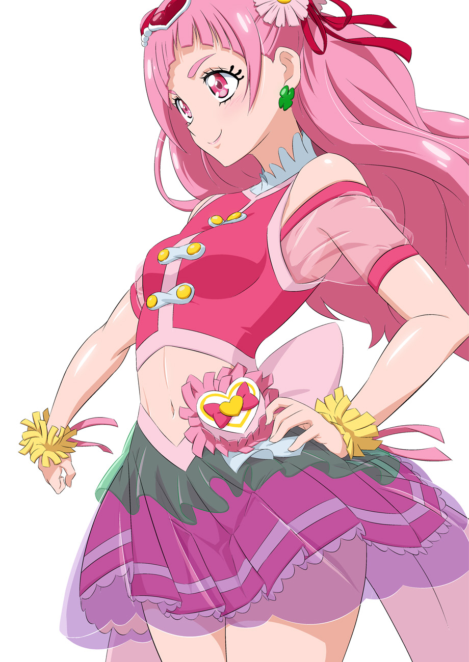 1girl bangs breasts closed_mouth clover_earrings cowboy_shot crop_top cure_yell eyelashes floating_hair flower fuchi_(nightmare) hair_flower hair_ornament hair_ribbon hand_on_hip heart heart_hair_ornament highres hugtto!_precure layered_skirt long_hair midriff miniskirt navel pink_flower pink_hair pink_ribbon pink_skirt pleated_skirt precure red_eyes red_ribbon ribbon see-through shiny shiny_hair shiny_skin short_sleeves simple_background skirt small_breasts smile solo standing stomach very_long_hair white_background