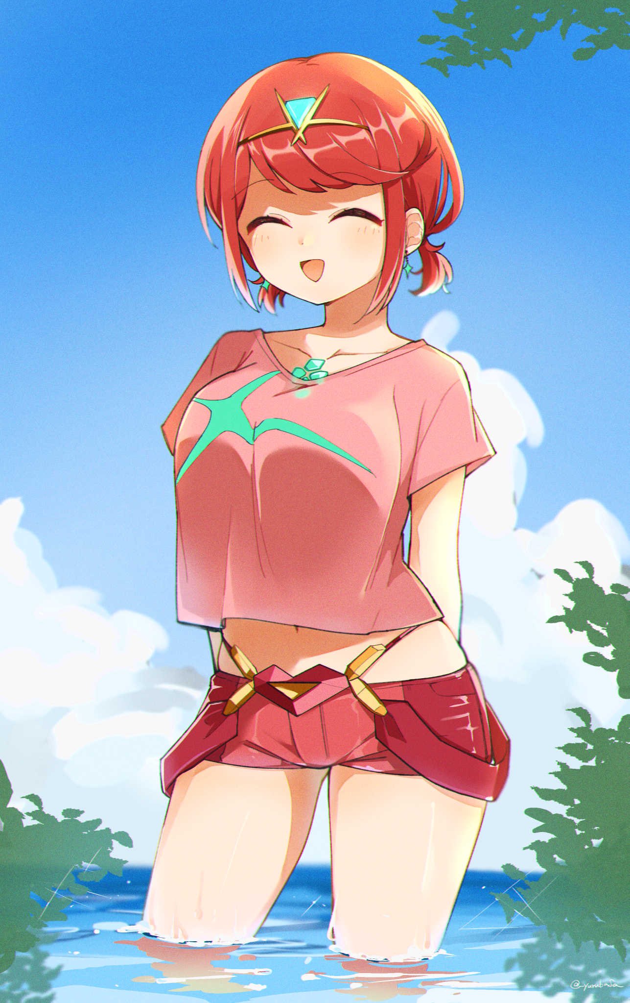 1girl :d arms_behind_back bafarin bangs blue_sky closed_eyes clouds cloudy_sky earrings hair_between_eyes highres jewelry leaf ocean open_mouth outdoors pink_shirt pyra_(xenoblade) red_shorts redhead shirt short_hair short_sleeves short_twintails shorts sky smile soaking_feet solo summer tiara twintails xenoblade_chronicles_(series) xenoblade_chronicles_2