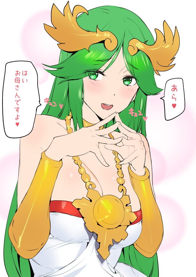 1girl ashiomi_masato bare_shoulders blush breasts dress green_eyes green_hair jewelry kid_icarus large_breasts long_hair looking_at_viewer necklace open_mouth palutena simple_background smile solo super_smash_bros. very_long_hair