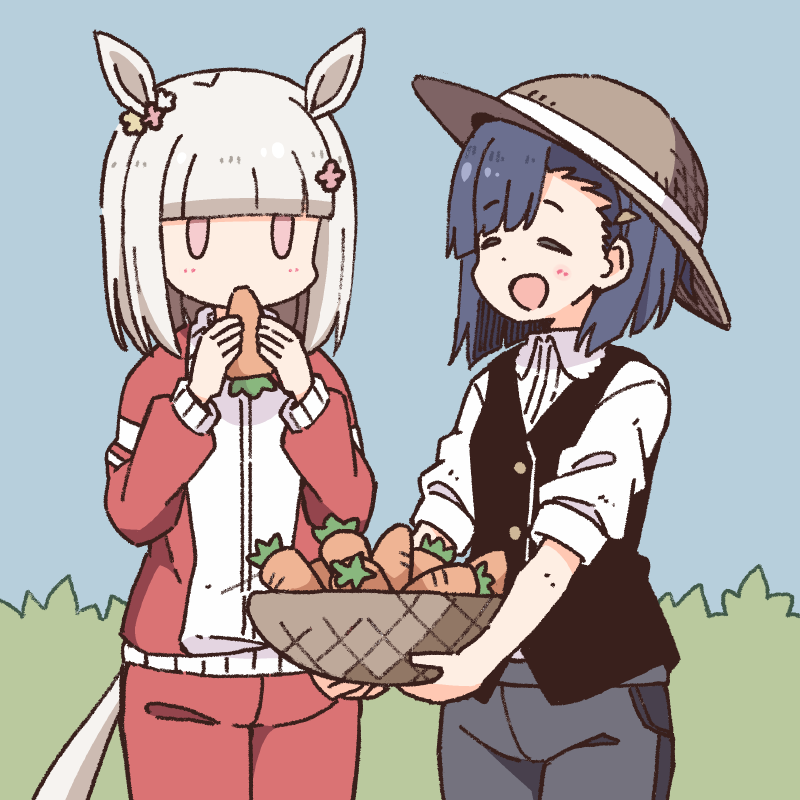 2girls :d animal_ears bangs basket black_pants black_vest blue_hair blue_sky blunt_bangs blush brown_headwear carrot closed_eyes collared_shirt day dress_shirt eating flower food grey_hair hair_flower hair_ornament hairclip happy_meek_(umamusume) hat holding holding_basket holding_food horse_ears horse_girl horse_tail jacket kiryuuin_aoi long_sleeves multiple_girls nekotoufu open_mouth outdoors pants pink_eyes pink_flower red_jacket red_pants shirt sky smile standing tail track_jacket track_pants track_suit umamusume vest white_shirt