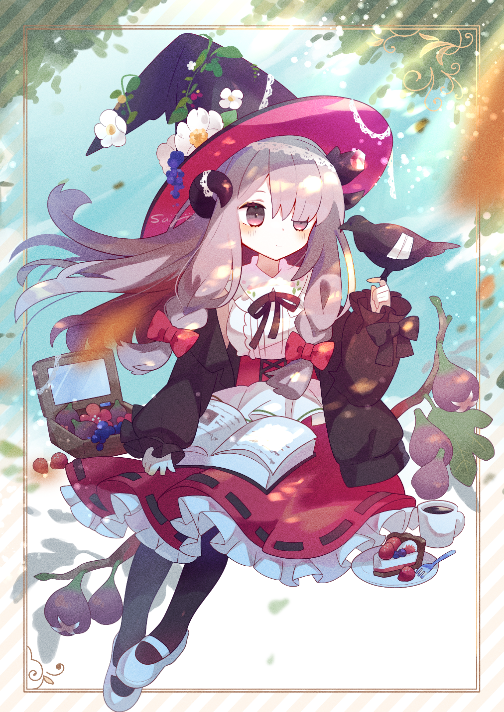 1girl animal_on_finger bandaged_wings bangs bird black_cloak black_headwear black_legwear blue_sky blueberry blurry blurry_foreground blush book border bow branch cake cake_slice cloak commentary_request crow cup dappled_sunlight dress flower food food_request fork frilled_dress frills fruit full_body hair_bow hair_over_one_eye hat hat_flower highres horns long_hair long_sleeves looking_to_the_side mary_janes open_book open_cloak open_clothes original outdoors pantyhose picnic_basket plant plate red_bow saijo1201 shoes sidelocks silver_hair sitting sitting_on_branch sky sleeveless sleeveless_dress smile solo strawberry sunlight tree vines violet_eyes white_dress white_flower white_footwear witch witch_hat