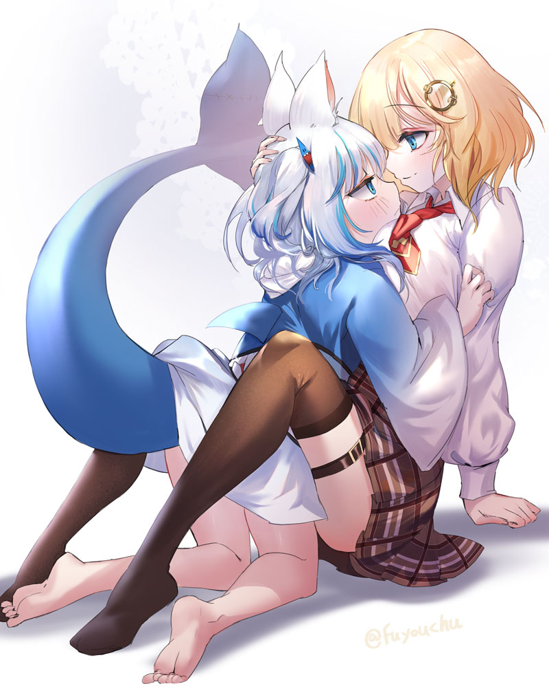 2girls animal_ear_fluff animal_ears bangs barefoot between_breasts blonde_hair blue_eyes blue_hair blue_hoodie blush breasts brown_legwear brown_skirt cat_ears closed_mouth collared_shirt commentary eyebrows_visible_through_hair fish_tail fuyouchu gawr_gura hair_between_eyes hair_ornament hand_on_another's_head head_between_breasts hololive hololive_english hood hoodie kneeling long_sleeves looking_at_another monocle_hair_ornament multicolored_hair multiple_girls necktie one_side_up plaid plaid_skirt pleated_skirt profile puffy_long_sleeves puffy_sleeves red_neckwear shark_hair_ornament shark_tail shirt sitting skirt smile soles streaked_hair tail tail_raised thigh-highs thigh_strap virtual_youtuber watson_amelia white_hair white_shirt wide_sleeves yuri