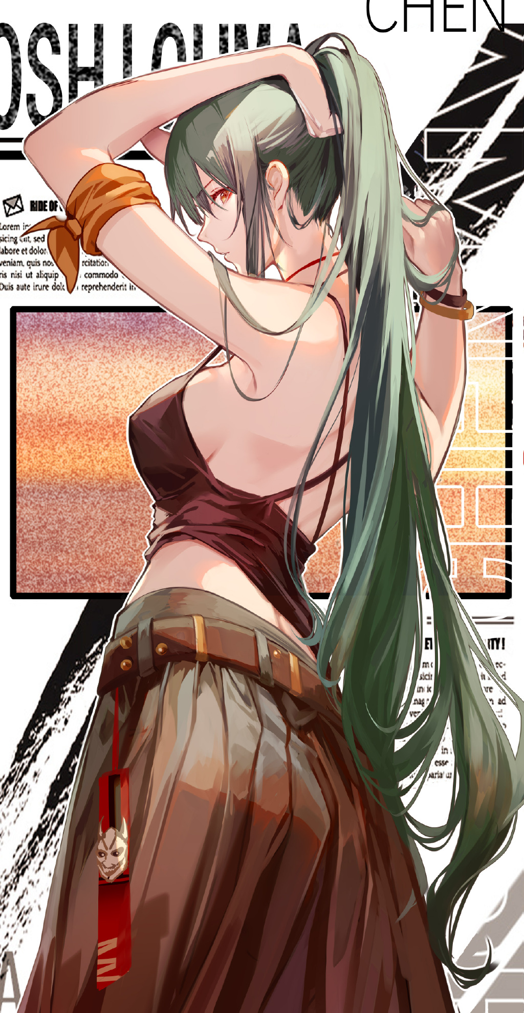 1girl arknights back bangs bare_arms bare_shoulders breasts clouble cover cover_page dress eyebrows_behind_hair eyebrows_visible_through_hair food green_hair hair_tie highres horns hoshiguma_(arknights) jewelry large_breasts long_hair looking_at_viewer looking_back lorem_ipsum magazine_cover necklace oni_horns onigiri orange_eyes ponytail single_horn sleeveless solo swimsuit