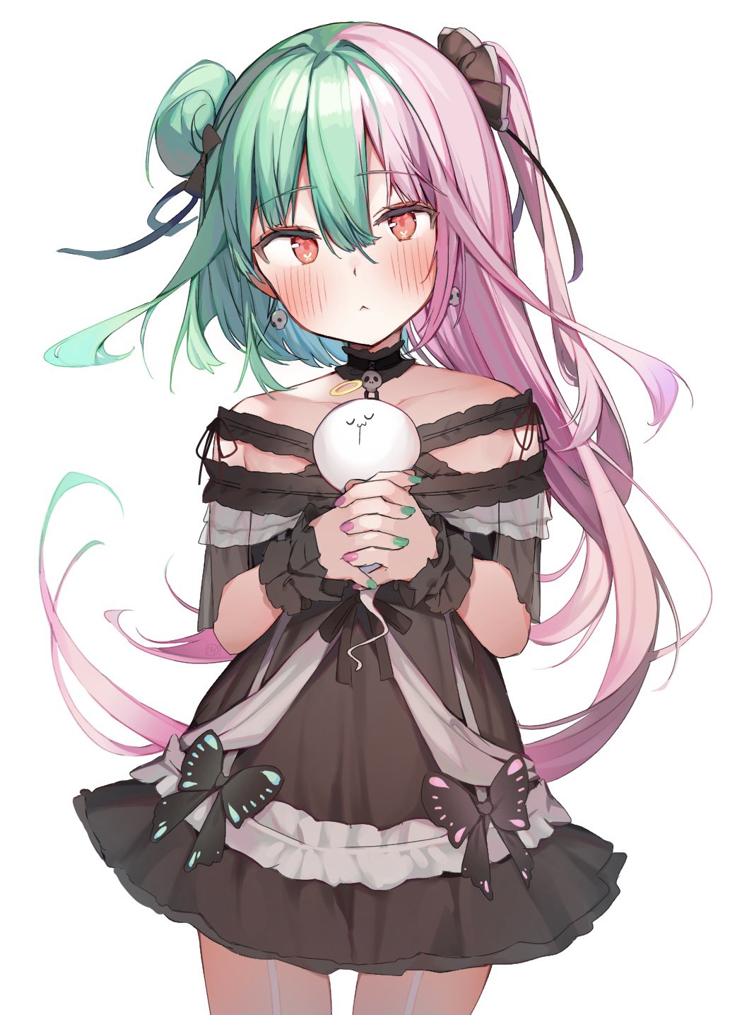 1girl :3 bangs black_choker black_dress black_ribbon blush choker collarbone commentary_request cowboy_shot dress earrings eyebrows_visible_through_hair fandead_(uruha_rushia) garter_straps ghost green_hair green_nails hair_between_eyes hair_bun hair_ribbon halo hands_clasped highres holding hololive jewelry looking_at_viewer multicolored multicolored_hair multicolored_nails nail_polish off-shoulder_dress off_shoulder one_side_up own_hands_together pink_hair pink_nails red_eyes ribbon short_sleeves side_bun simple_background sinnop10 skull_earrings solo standing two-tone_hair uruha_rushia virtual_youtuber white_background wrist_cuffs