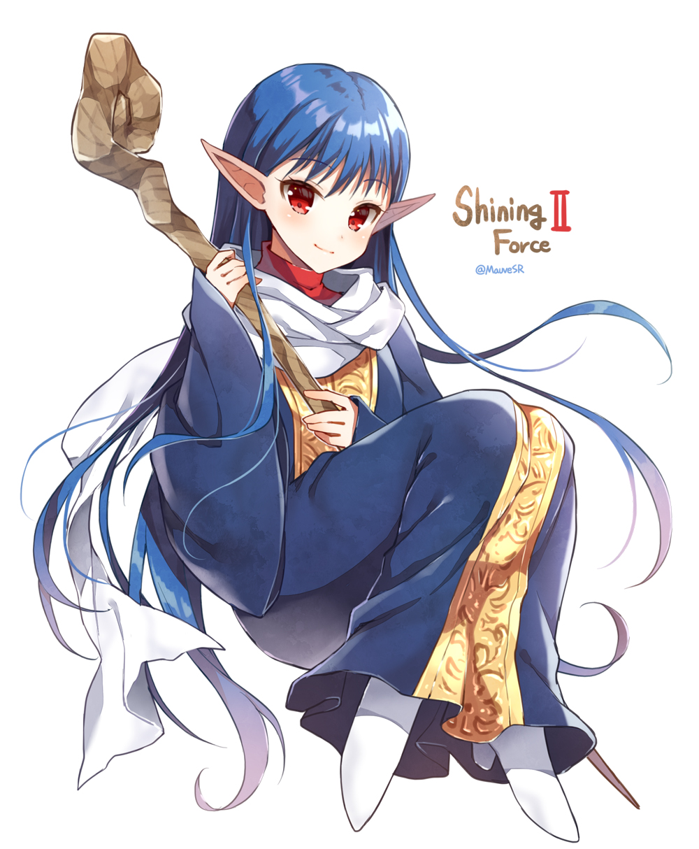 1girl bangs blue_hair blue_robe blush closed_mouth commentary_request copyright_name eyebrows_visible_through_hair full_body high_heels highres holding holding_staff long_hair long_sleeves looking_at_viewer mauve photoshop_(medium) pointy_ears red_eyes robe sarah_(shining_force) shining_(series) shining_force_ii sleeves_past_wrists smile solo staff twitter_username very_long_hair white_background white_footwear wide_sleeves wooden_staff