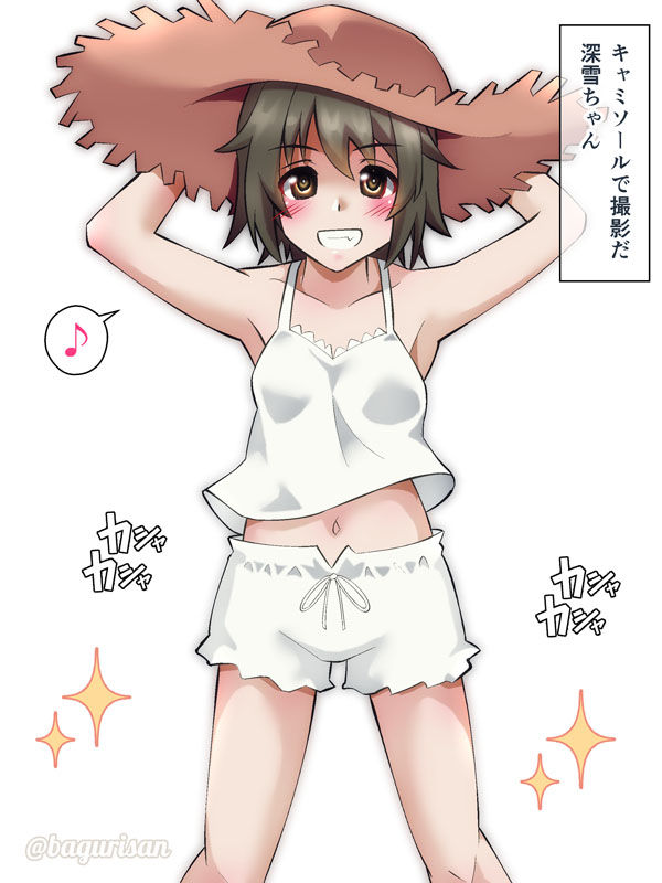 1girl akichin_(atelier_baguri) black_hair breasts brown_hair camisole grin hat kantai_collection medium_hair miyuki_(kancolle) musical_note navel shorts small_breasts smile solo sparkle spoken_musical_note sun_hat translation_request white_shorts