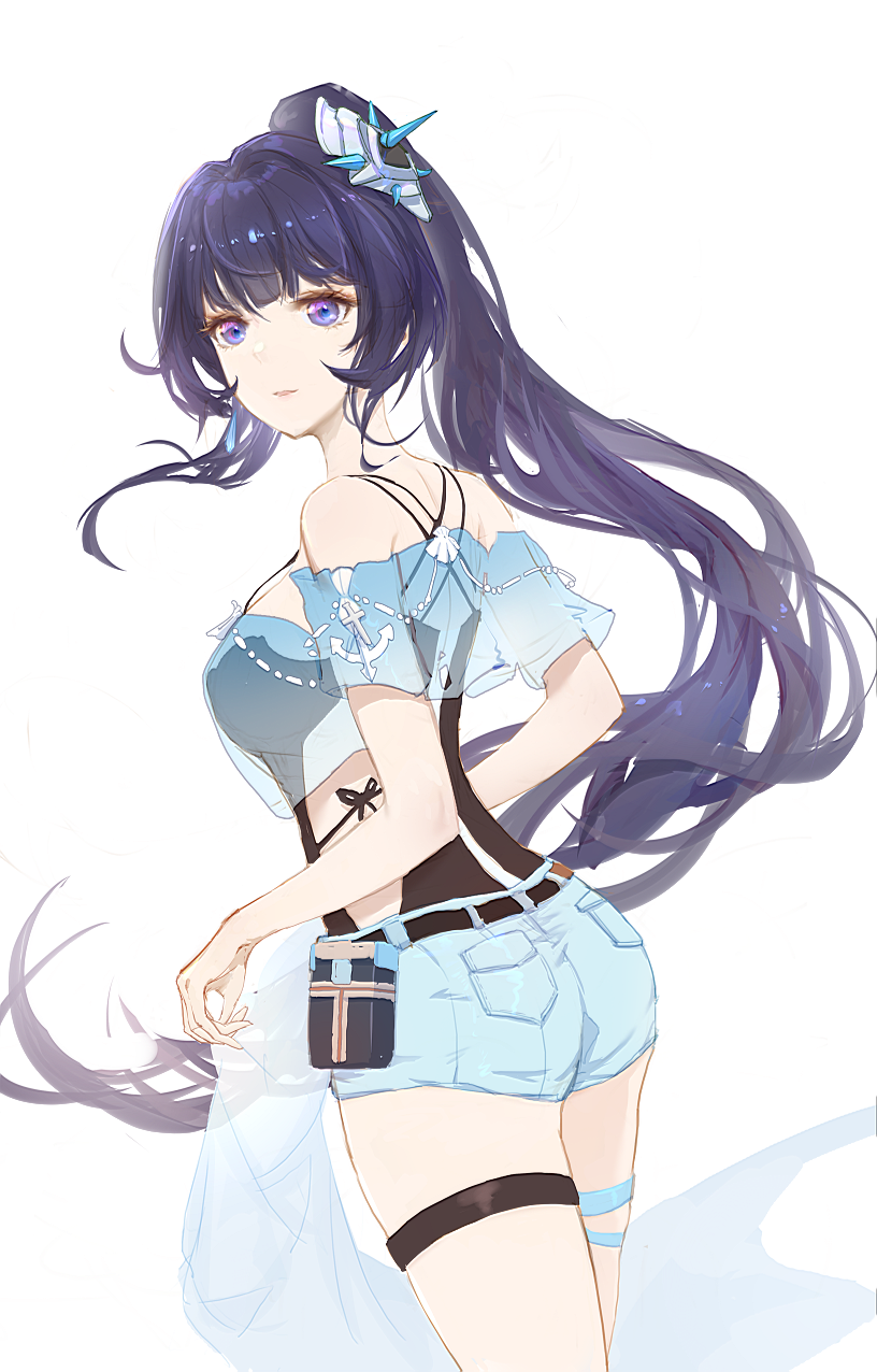 1girl ass back bangs bare_shoulders belt belt_pouch black_leotard casual closed_mouth denim denim_shorts fashion hair_between_eyes hair_ornament highres honkai_(series) honkai_impact_3rd leotard long_hair looking_at_viewer looking_back ponytail pouch purple_hair raiden_mei see-through_jacket short_sleeves shorts simple_background solo taichi_(yirkorn) violet_eyes white_background