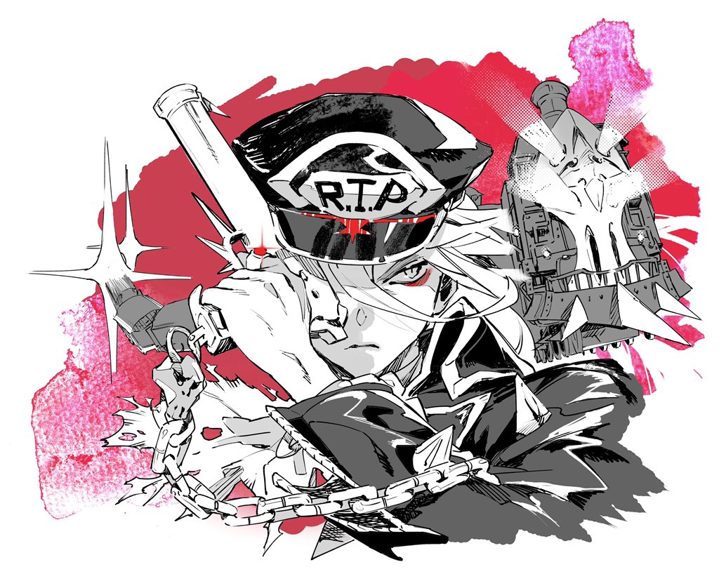 1boy alchemy_stars chain character_request closed_mouth diffraction_spikes eyeshadow glint greyscale ground_vehicle gun hair_between_eyes handgun hat holding holding_gun holding_weapon jewelry kohodn long_hair makeup male_focus monochrome pistol ring skull solo spikes spot_color traditional_media train watercolor_(medium) weapon zipper