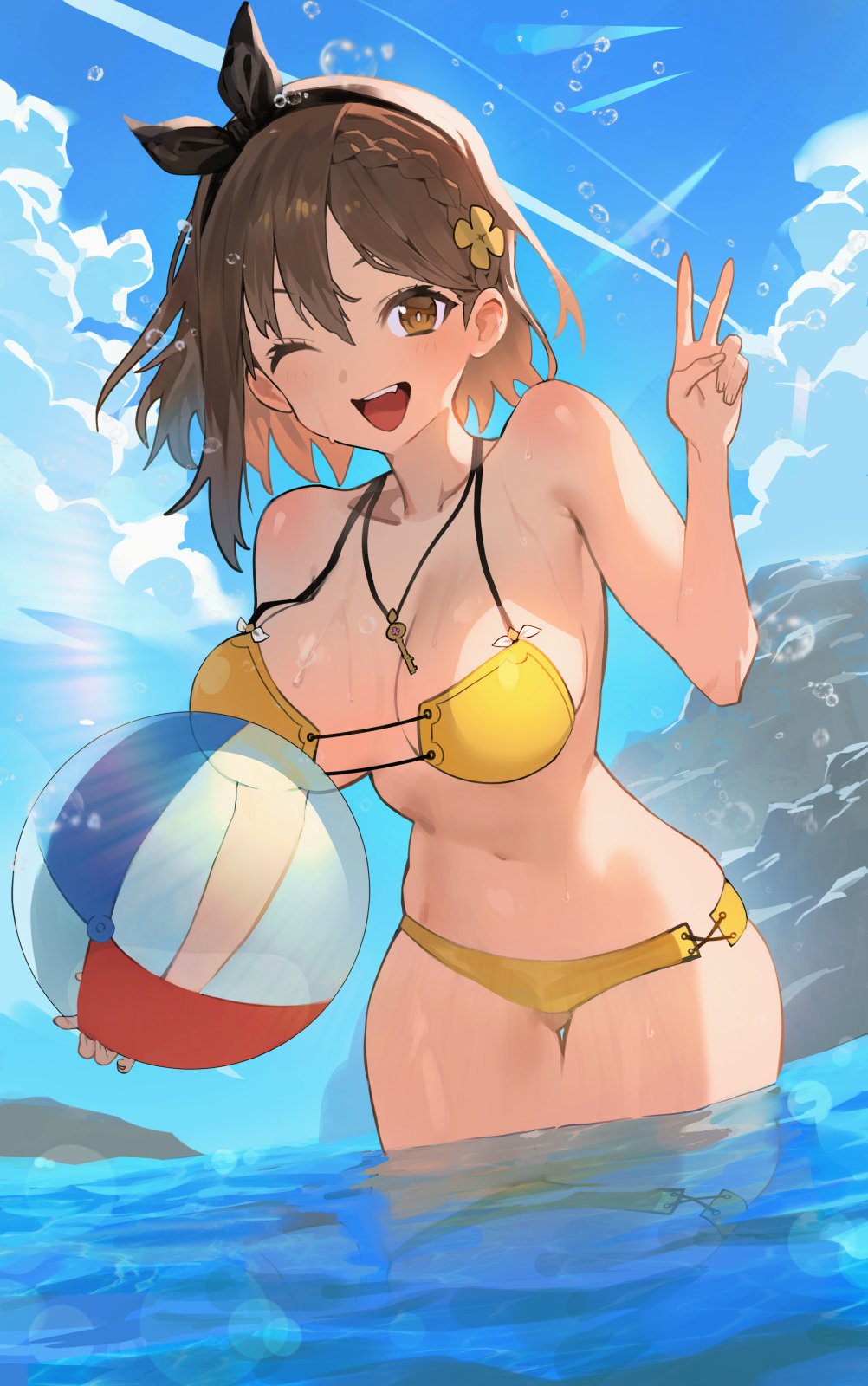 1girl ;d ball beachball bikini black_ribbon blue_sky breasts brown_eyes brown_hair clouds copyright_request dutch_angle highres hood_(james_x) key_necklace large_breasts ocean one_eye_closed open_mouth ribbon sky smile solo strap_gap swimsuit thigh_gap v wading water yellow_bikini