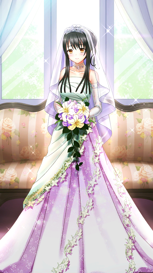 1girl bangs black_hair blush bouquet breasts bridal_veil brown_eyes character_request closed_mouth collarbone couch diadem doukyuusei_another_world dress elbow_gloves flower game_cg gloves hair_between_eyes holding holding_bouquet indoors large_breasts lily_(flower) long_dress official_art shiny shiny_hair short_hair_with_long_locks sidelocks sleeveless sleeveless_dress smile solo sparkle standing strapless strapless_dress tied_hair veil wedding_dress white_flower white_gloves