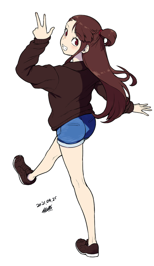 1girl brown_hair dated denim denim_shorts floating_hair from_behind full_body grin hood jacket kagari_atsuko little_witch_academia long_hair looking_at_viewer looking_back red_eyes shoes shorts signature simple_background smile sneakers solo teeth tsukudani_(coke-buta) w walking white_background