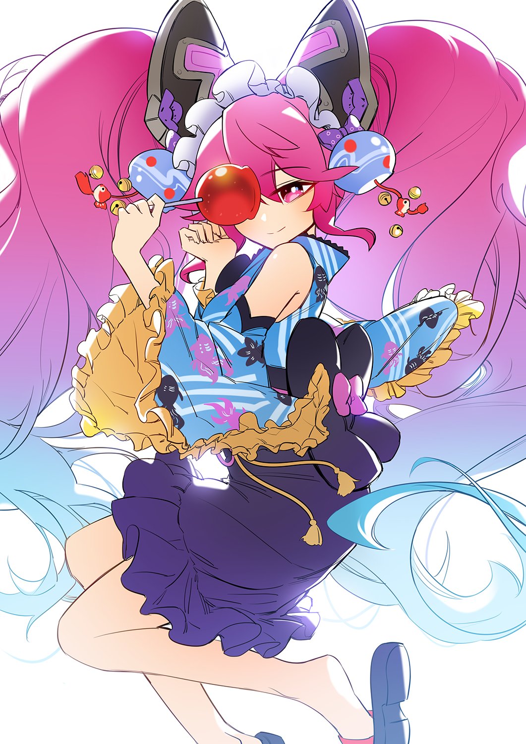 1girl bare_shoulders bell black_gloves candy_apple cleo_(dragalia_lost) covering_mouth dragalia_lost food gloves hair_bell hair_ornament hairband hand_over_own_mouth hand_up highres japanese_clothes jingle_bell kimono long_hair looking_at_viewer multicolored_hair pink_eyes pink_hair sandals simple_background solo thighs twintails upper_body white_background xiafei97 yukata