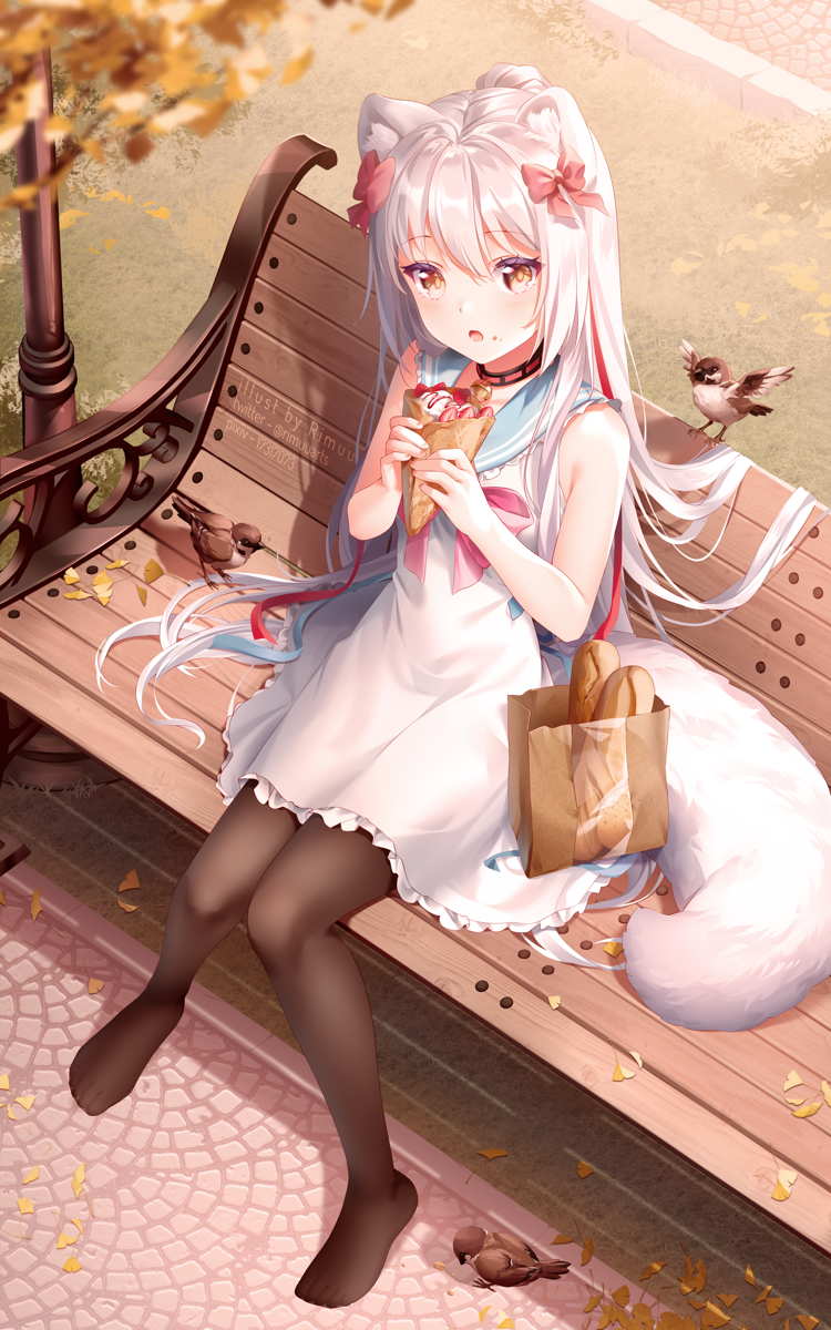 animal_ears bag baguette bell bench bird black_legwear blurry bow bread casual cat_ears cat_girl cat_tail collar collarbone crepe depth_of_field food food_on_face from_above grey_eyes hair_bow hair_ribbon highres holding holding_food looking_up neck_bell no_shoes original paper_bag park_bench ribbon rimuu sitting tail white_hair