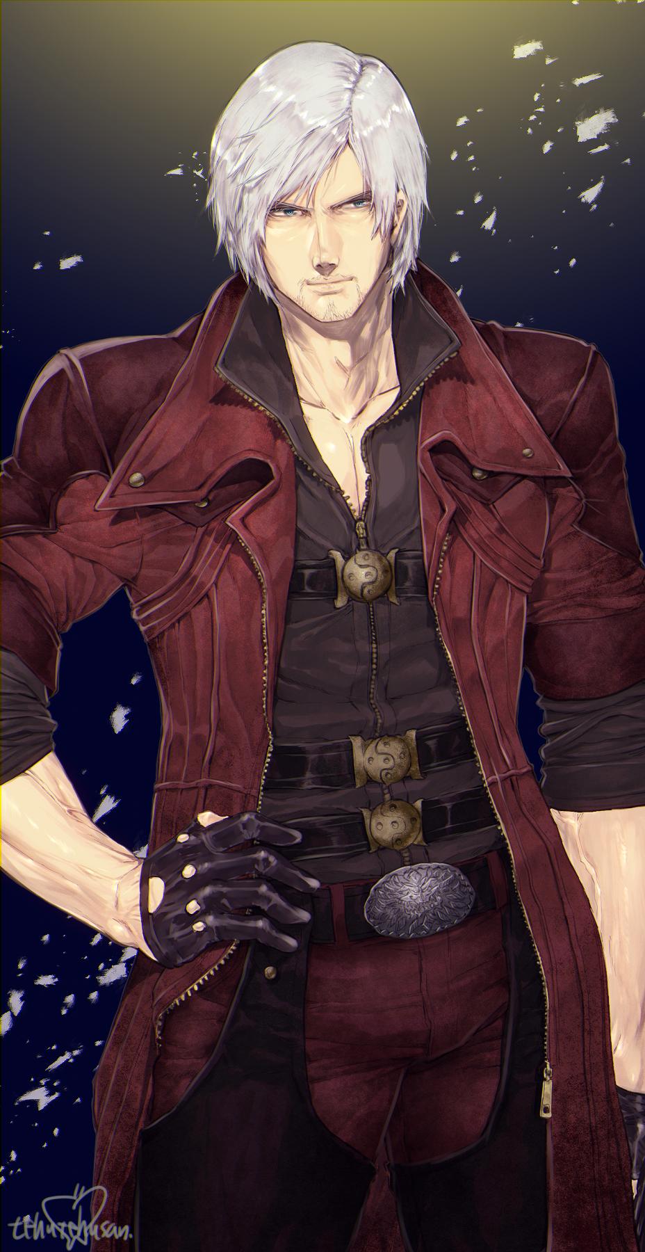 1boy belt closed_mouth coat dante_(devil_may_cry) devil_may_cry_(series) devil_may_cry_4 facial_hair gloves highres jacket male_focus murata_tefu solo white_hair