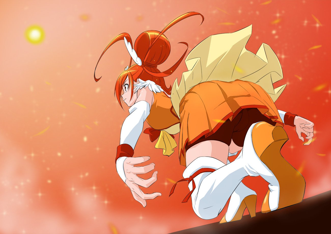 1girl ahoge bike_shorts boots brown_shorts closed_mouth cure_sunny detached_sleeves from_behind from_below fuchi_(nightmare) high_heel_boots high_heels jacket long_hair long_sleeves miniskirt orange_hair orange_jacket orange_skirt orange_sky pleated_skirt precure profile shiny shiny_hair short_shorts shorts shorts_under_skirt skirt sky sleeveless sleeveless_jacket smile_precure! solo thigh-highs thigh_boots tied_hair white_footwear white_sleeves zettai_ryouiki